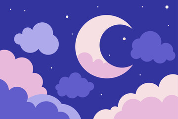 Night sky with moon clouds and stars illustration