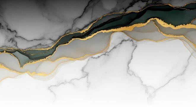 An abstract composition featuring fluid dark green and gray layers edged with shimmering gold against a marbled texture that fades from dark to light