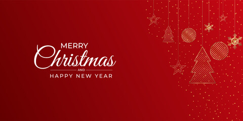 Christmas banner red background with Christmas ornaments