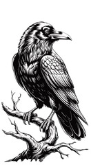 A black and white artistic illustration of a raven perched on a gnarled tree branch