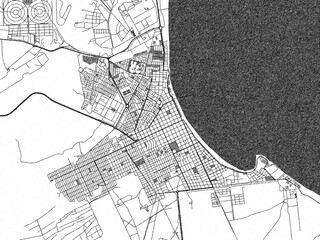 Poster-ready black and white illustration map of Puerto Madryn, Argentina, detailed and artistic.