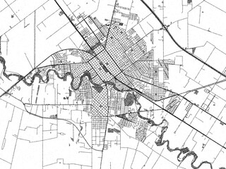 Fototapeta premium Black and white illustrated map of Villa Maria, Argentina, with streets, rivers, and neighborhoods.