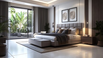 Luxurious modern bedroom with plush king size bed large windows and lush green garden view creating a serene and elegant retreat