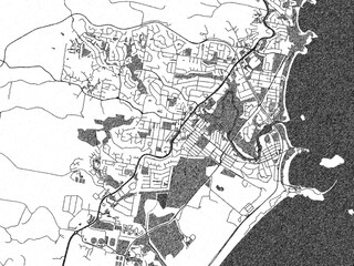 Minimal poster-style map of Coffs Harbour, Australia, hand-drawn style in monochrome.