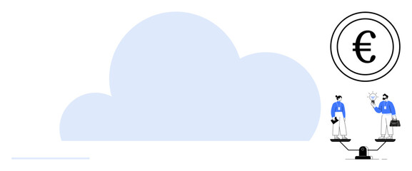 Large blue cloud with two people balancing on a scale holding a briefcase and a gear, alongside a Euro sign. Ideal for teamwork, economy, technology, cloud computing, finance, balance, innovation