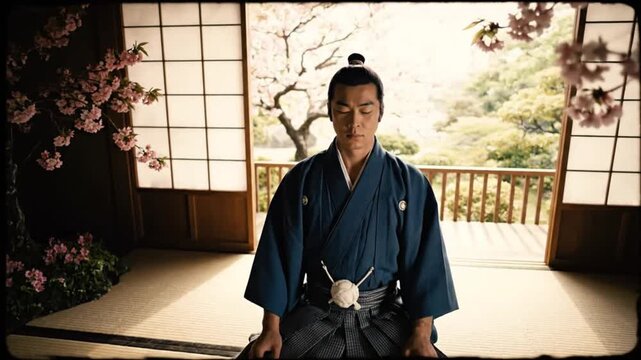 Peaceful samurai warrior meditating in a traditional Japanese room overlooking a serene cherry blossom garden. A moment of calm, focus, and contemplation, embodying the Bushido spirit.