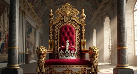 An elaborate gold-adorned throne with a red velvet cushion and a sparkling crown sits in a majestic hall featuring tall columns tapestries and sunlit windows