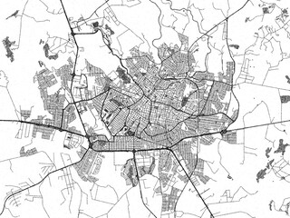 Obraz premium Illustrated city map of Uberaba, Brazil, in black and white, showing roads and textures.