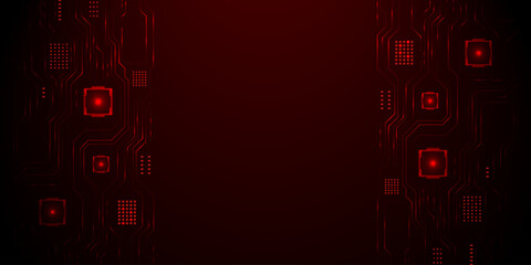 Futuristic Red Circuit Board with Digital Patterns and Glowing Lights
