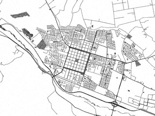 Naklejka premium Black and white illustrated map of San Felipe, Chile, with streets, rivers, and neighborhoods.