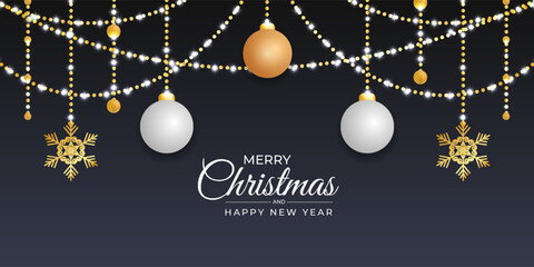 Merry christmas and happy new year with realistic balls and lights