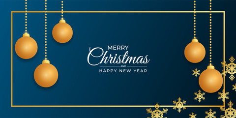 Merry christmas and happy new year banner with golden balls and golden shonoflackes