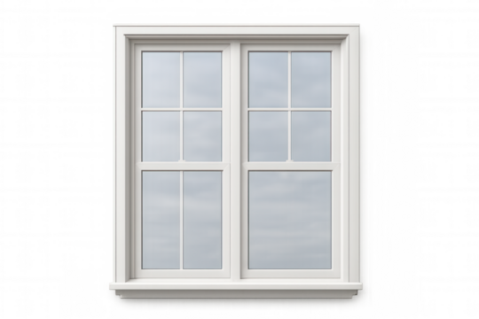 White sash window with multiple panes, showing glass and frame, isolated on transparent background