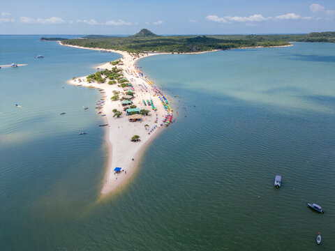 Aerial view of "Alter do Chao" beach on "Ilha do Amor" island, along the Tapajos river in Santarem, Para state, Brazil &ndash; a freshwater paradise known as the brazilian caribbean