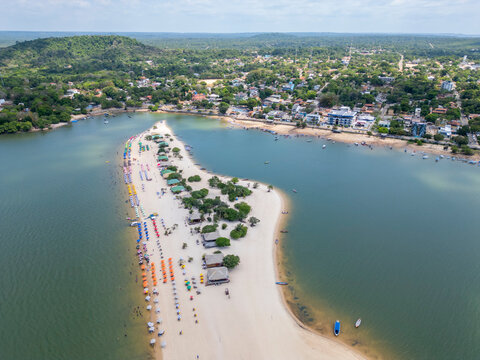 Aerial view of "Alter do Chao" beach on "Ilha do Amor" island, along the Tapajos river in Santarem, Para state, Brazil &ndash; a freshwater paradise known as the brazilian caribbean