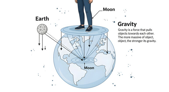 Diagram illustrating the concept of gravity between earth, moon, and a person standing above