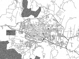 Obraz premium Black and white illustrated map of Ciudad Hidalgo, Mexico, with streets, rivers, and neighborhoods.
