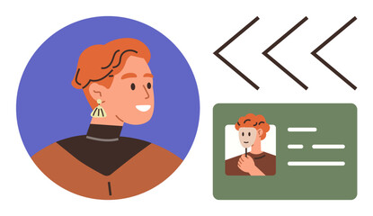 Portrait with earrings in circular frame, arrows, ID card. Ideal for online identity, profile design, security, authorization, personal data networking verification. Simple flat metaphor