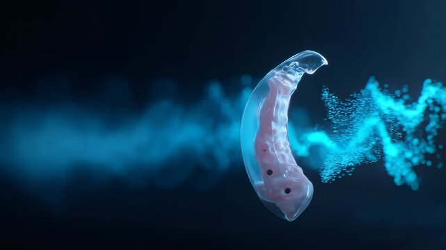 Inside cochlear implant with blue particles representing sound wave passing through ear anatomy. Medical animation.