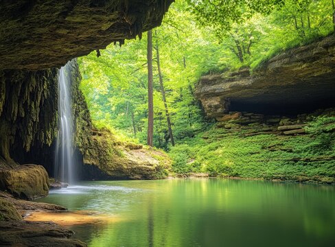 Cascading waterfall into a serene green pool in a lush grotto - Powered by Adobe