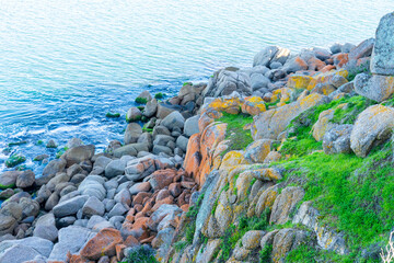 

Huge granite boul­ders covered in orange and yellow lichen and green grass on Granite Island next to Victor Harbor, South Australia, about 80 km south of Adelaide.

