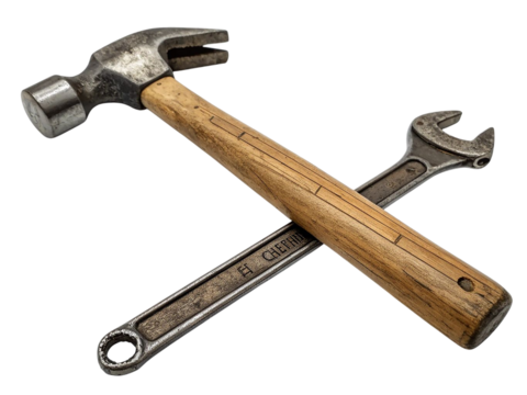 Crossed hammer and wrench tools isolated for construction and repair projects isolated on transparent background - Powered by Adobe