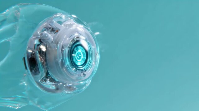 Futuristic hearing aid underwater with glowing blue light. Modern technology improving deafness and hearing impairment. Healthcare footage.
