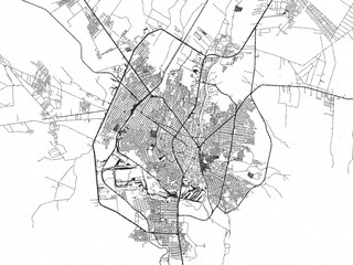 Fototapeta premium Black and white illustrated map of Monclova, Mexico, with streets, rivers, and neighborhoods.