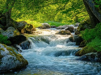 Sunlit river flows over mossy rocks through a vibrant green forest