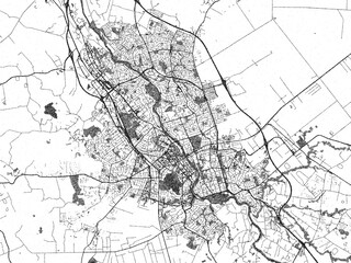 Urban black and white map of Hamilton, New Zealand, designed in a sketch style for prints.