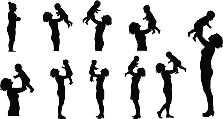 Silhouette of mother holding baby, family love, parent and child bonding, joyful motherhood, parenting affection, care, happiness, family relationship illustration