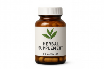 Brown bottle herbal supplement capsules, natural medicine for health and wellness, transparent background