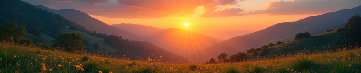 Fototapeta premium Serene Dawn Valley Sun Rays Illuminate Peaceful Landscape, Perfect for Meditation and Mindfulness