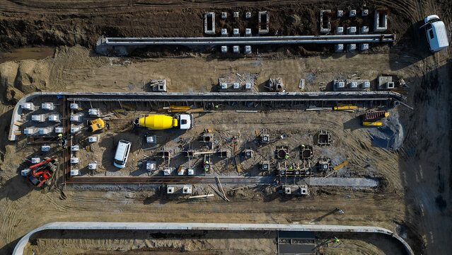 Aerial View of Concrete Pouring and Foundation Layout