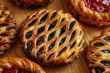 Close-up of blueberry lattice pastries on wooden surface
