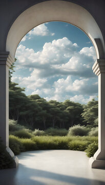 A beautiful outdoor scene framed by an archway, with a view of a lush green landscape and cloudy sky