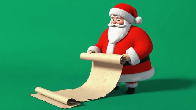 Santa claus reading a long list on green background in a cartoon style animation scene view christmas green screen video
