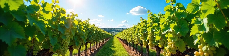 Naklejka premium Sun-Kissed Grapes Ready for Harvest Lush Vineyard Scene at Golden Hour