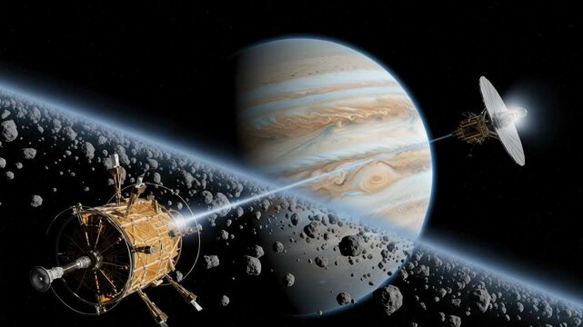 Two advanced spacecraft traverse dense asteroid belt orbiting colossal gas giant A brilliant blue beam connects them likely for communication or energy transfer amidst distant stars