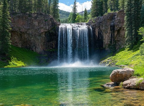 Majestic waterfall plunges into a clear green pool amidst lush forest