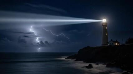 white lighthouse beam cuts across dark star-filled night sky over rugged ocean cliff Distant lightning illuminates the tumultuous waves below offering guiding beacon amidst the storm - Powered by Adobe