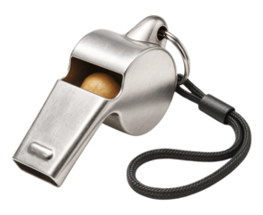 A classic silver metal referee or coach whistle with a cork pea and black lanyard cord, used for sports or emergencies, Isolated on Transparent and White Background