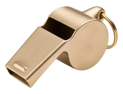 A classic brushed gold metal sports referee or coach whistle with a key ring, used for signaling and attention, Isolated on Transparent and White Background