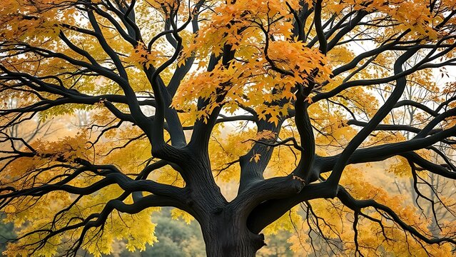 Two intertwined trees support each other in autumn, symbolizing family and change.