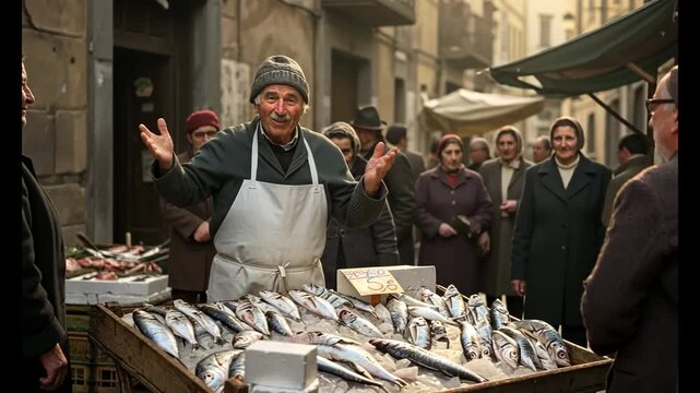 An elderly fish vendor, wearing a white apron and a beanie, gestures towards his fresh seafood display, drawing attention in a vibrant marketplace setting.