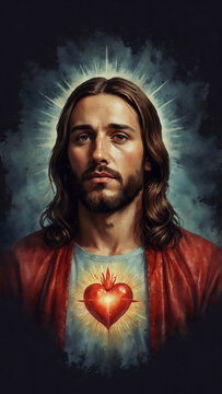 A portrait of a reverent figure, radiating with ethereal light, showcasing a symbol of faith and compassion wallpaper