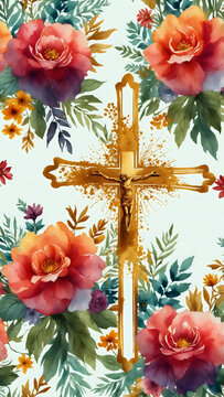An artistic rendering of a resplendent gold cross adorned with floral elements. A spiritual composition that invites reflection