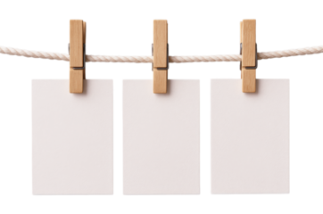 Three blank white paper cards or empty photo frames hanging on a rustic rope clothesline with wooden clothespins, Isolated on Transparent and White Background