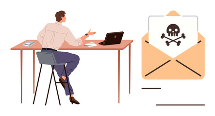 Man at desk reacts to email with danger icon indicating malware. Ideal for cybersecurity, phishing awareness, online safety, data protection, IT support, email threats, simple flat metaphor