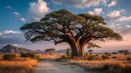 Obraz premium Majestic Baobab Tree Under a Stunning Sky in African Landscape During Sunset